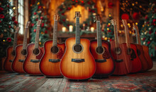 Many Guitars Are Lined Up In Room With Christmas Decorations. Row Of Acoustic Guitars Lined Up On A Table