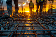 Construction workers are walking in building site over steel grid with beautiful sunset in the background.
