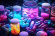 Background with pills and capsules in neon blue and purple colors. Medical drug or dietary supplement concept.