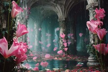 Pink Tulips Floating In A Pond In The Old Castle