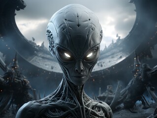 fantasy portrait of alien on a dark futuristic landscape background
