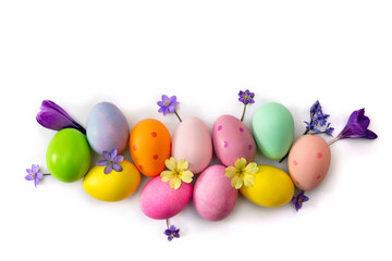 Wall Mural - easter decoration. easter eggs and blue flowers hepatica, violet crocuses, yellow primula on a white