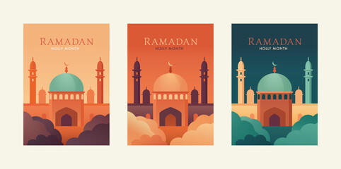Wall Mural - Ramadan Kareem. Islamic greeting card templates with mosque temple, minaret during night and sunset. Retro wallpaper, posters, flyers. Modern design. Set of festive vector illustration backgrounds