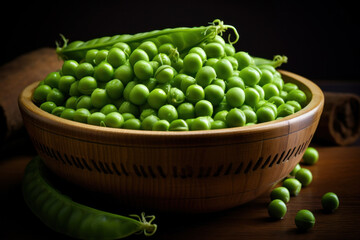 Poster - Green peas in wooden bowl.