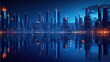 © Rattanathip - A captivating view of a futuristic city skyline with skyscrapers bathed in the blue hues of twilight, reflecting on the calm water surface.