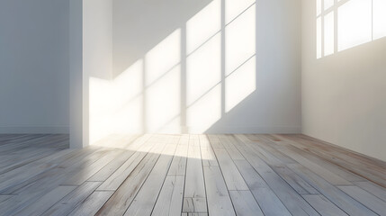 Wall Mural - Empty room with white walls and large windows and wooden floor. Lots of sunshine