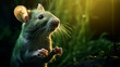 Ratte mit grünem Fell vor grünem Hintergrund. Warm angeleuchtet. Profil. Fotorealistische Illustration