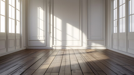 Wall Mural - Empty room with white walls and large windows and wooden floor. Lots of sunshine