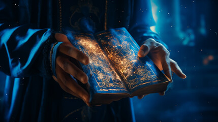 sorcerer casting magic spell using his book of shadows