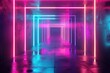 © ERiK - Abstract neon light geometric background. Glowing neon lines. Empty futuristic stage laser. Colorful rectangular laser lines. Square tunnel. Night club empty room. Laser show design