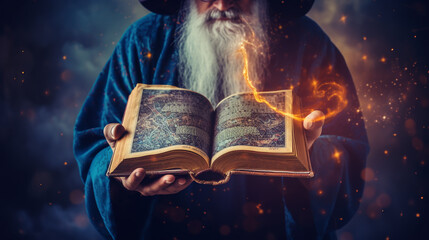 sorcerer casting magic spell using his book of shadows