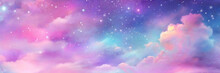 Rainbow Unicorn Background. Pastel Fantasy Sky With Bokeh And Stars. Magic Holographic Galaxy. Marble Kawaii Texture. Vector Cosmic Girlie Wallpaper.	