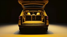 Huge, Clean And Empty Car Trunk In Interior Of Compact Suv. Rear View Of A Yellow SUV Car With Open Trunk. Generative AI