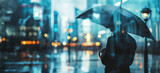 Fototapeta Zachód słońca - Rainy Cityscape with Umbrella