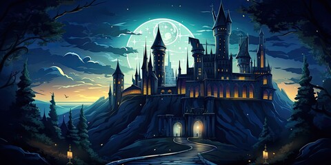 Wall Mural - Illustration of a magical educational castle with wizards, witches, and a mysterious library.