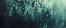Ghostly Entities Emerge From A Fragmented Wall, Instilling Macabre Sensations Halloweenthemed Backdrop. Сoncept Haunted House Experience, Spooky Wall Decor, Ghostly Portraits, Halloween Backdrop
