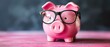 Savings And Investments Illustrated By A Pink Piggy Bank Wearing Glasses. Сoncept Financial Literacy, Money Management Tips, Investing Strategies, Budgeting Basics, Entrepreneurship Insights