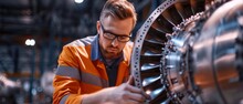 Skilled Technician Fixes Turbine As Engineer Watches Attentively In Aircraft Workshop. Сoncept Aviation Repair, Turbine Maintenance, Skilled Technicians, Engineer Supervision, Aircraft Workshop