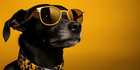 Black dog wearing orange sunglasses and patterned collar.