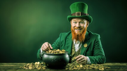 Wall Mural - Cheerful Leprechaun with Pot of Gold - St. Patrick's Day and Irish Folklore
