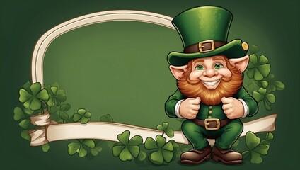 Vintage Illustrated Leprechaun Sitting with Clover Frame for Greetings - St. Patrick's Day Banner
