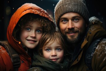 Wall Mural - A joyful family portrait in the winter, featuring a smiling toddler, a boy and girl in warm jackets, all with captivating human faces