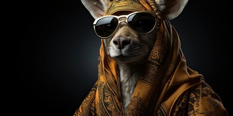 Wall Mural - Kangaroo in sunglasses and a patterned scarf, black background.