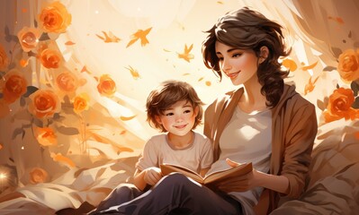 Wall Mural - A mother and her daughter, both dressed in vibrant clothing, sit indoors surrounded by flowers as they delve into the pages of a book, their human faces reflecting the beauty of the words within