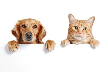 Wall Mural - Cute cat and dog peeking out of blank banner