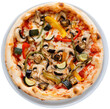 Topview of delicious vegetarian pizza with champignon mushrooms, tomatoes, mozzarella, peppers and zuccini, isolated