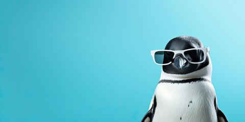 Wall Mural - Penguin with white sunglasses against a blue background.