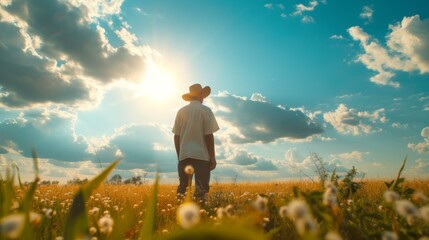 Wall Mural - Farmer on the field during sunny day, beautiful blue sky