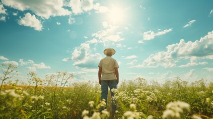 Wall Mural - Farmer on the field during sunny day, beautiful blue sky