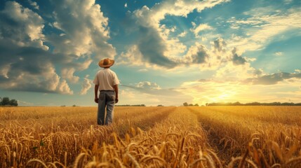 Wall Mural - Farmer on the field during sunny day, beautiful blue sky
