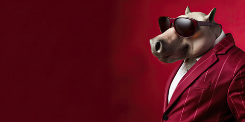 Wall Mural - A hippo in a red jacket and sunglasses posing confidently.