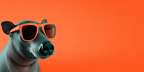 Wall Mural - A sleek hippopotamus in orange sunglasses against an orange backdrop.