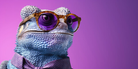 Wall Mural - A chameleon with purple glasses and a glittery bowtie.