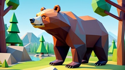 Wall Mural - brown bear low poly ai generated