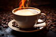 © Asmodar - Dramatic image of a white coffee cup with a flaming hot beverage, surrounded by scattered coffee beans.