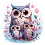 Fototapeta Pokój dzieciecy - Illustration of a family of owls on a white background.