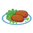 Meat cutlets with green peas and salad on a white plate. Vector illustration in cartoon style on white background.