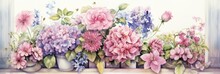 Watercolor Illustration Of Colorful Different Potted Flowers On A Balcony Or Terrace, Bright Balcony With Flowers, Banner