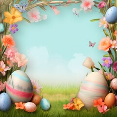 Sticker - Easter egg. Happy Easter background with message, frame and easter eggs scene.. Facing away from view