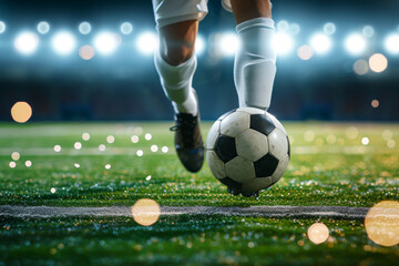 Wall Mural - Close up of football player leg action in running game at football stadium arena for match with spotlight. Soccer sport background, green grass field.