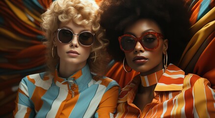 A stylish group of women confidently sporting sunglasses as their go-to fashion accessory, effortlessly exuding coolness with their unique hairpieces and goggles, enhancing their human faces and clot