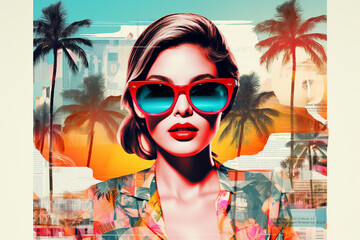 Wall Mural - Stylish retro poster with beautiful young lady wearing sunglasses on summer background with newspapers, magazines and palm trees. Fashion pop art woman portrait illustration and collage