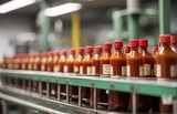 Fototapeta  - production line in a factory where hot sauce bottles are being filled, sealed, and labeled