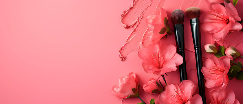  cosmetic brushes and flowers on a pink background in 