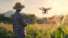 5G Technology Trend And Smart Farm Agriculture Concept.Farmer Use Ai Drone To Monitor Prediction Forecast Check Of Plant Field.Agriculture Drone Fly For Research Analysis, Terrain Scanning