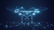 Digital vector 3d illustration of drone with camera in dark blue. Drone videography, aerial photography, modern technology concept. Abstract low poly quadcopter with dots, lines, stars and particles